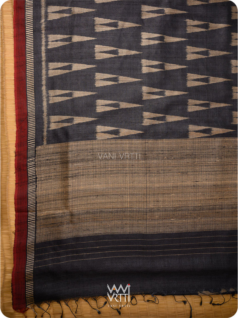 Black Alpana Ikat Handspun Tussar Silk Saree