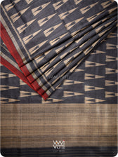 Black Alpana Ikat Handspun Tussar Silk Saree