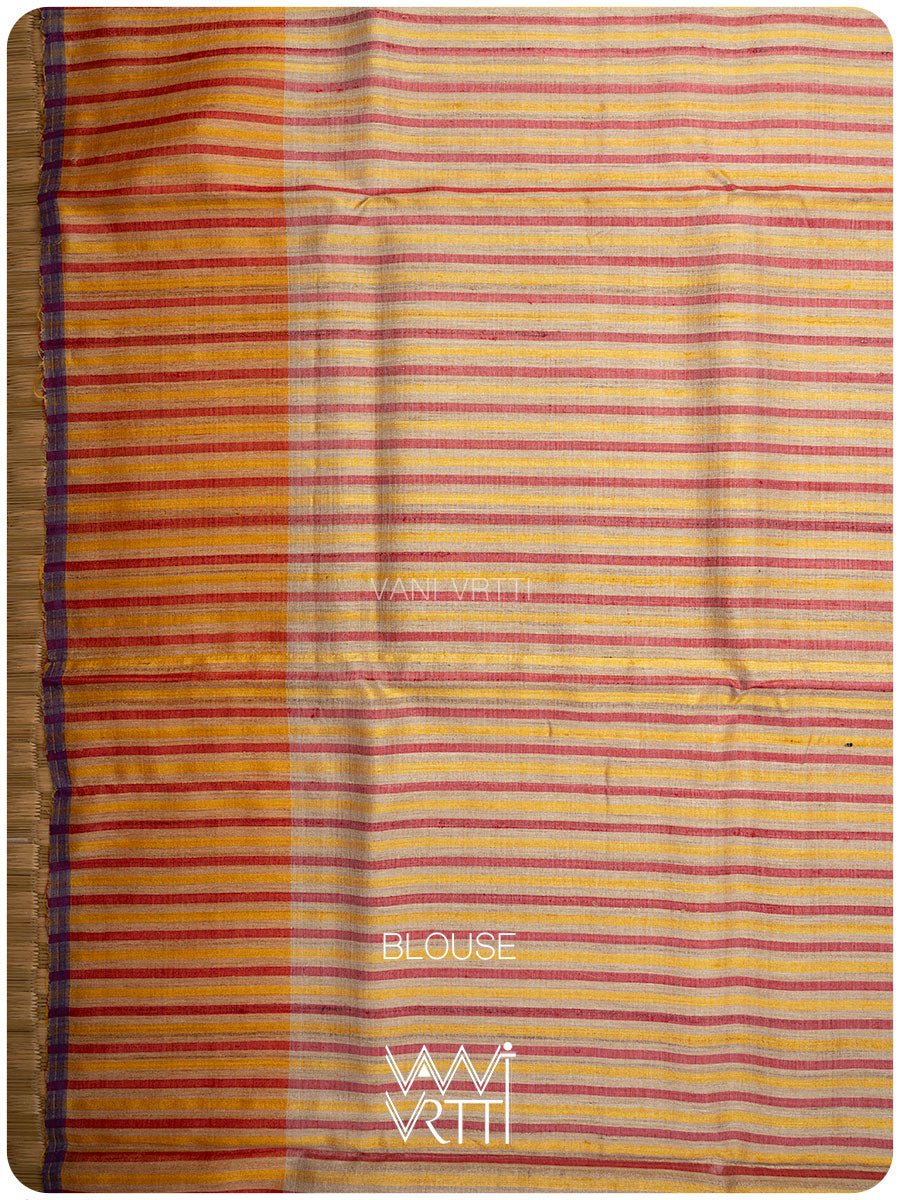 Off White Mustard Yellow Red Sangam Bristi Handspun Tussar Silk Saree