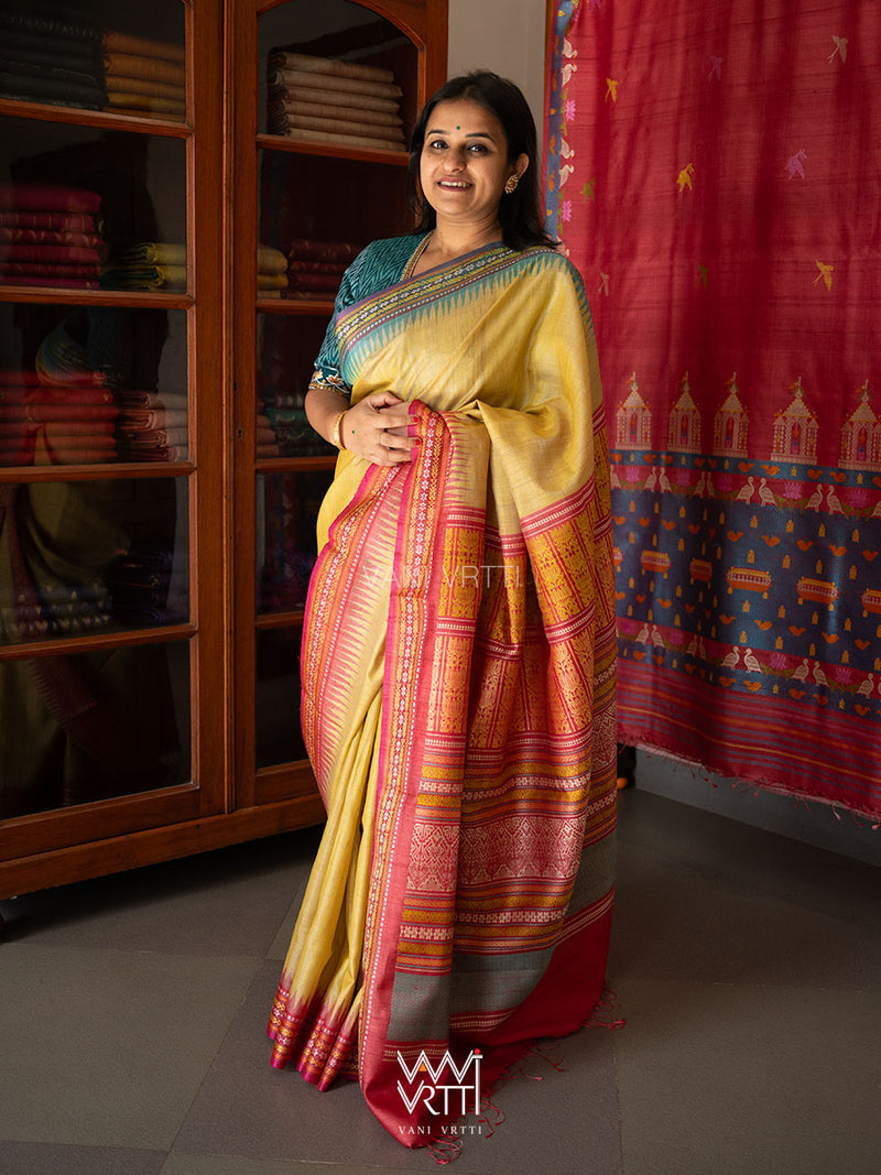 Pastel Yellow Firozi Red Ganga Jamuna Ananta Handspun Tussar Silk Saree