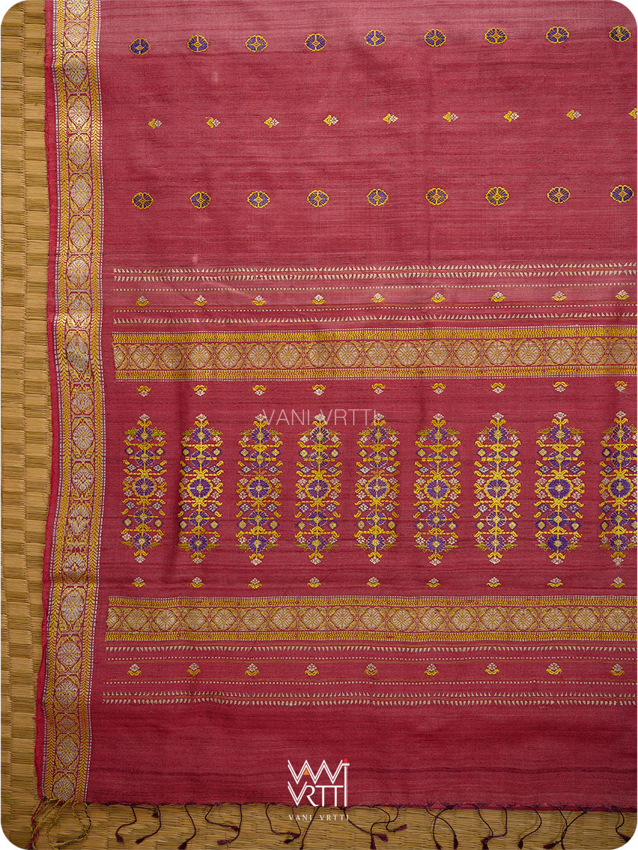 Red Maroon Brahma Kamal Master Weave Exclusive Handspun Tussar Silk Saree