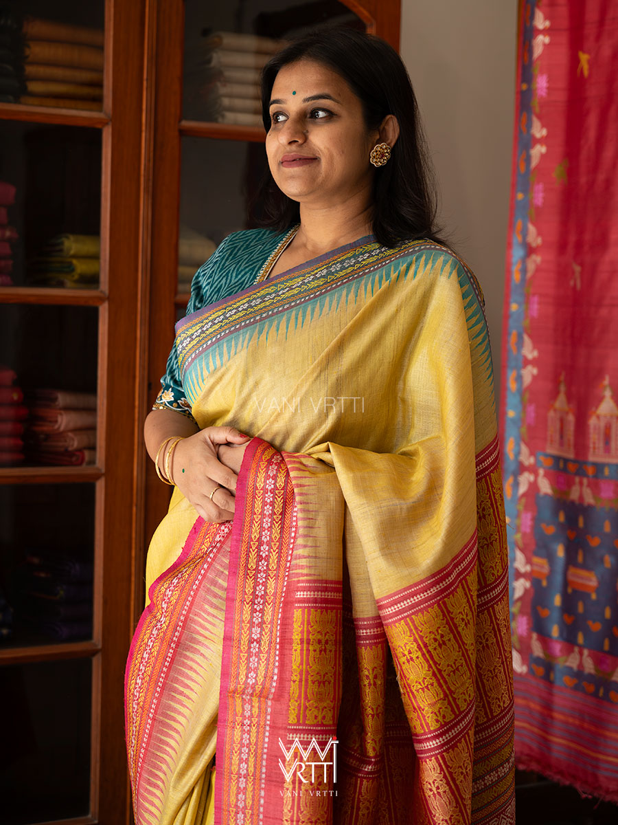 Pastel Yellow Firozi Red Ganga Jamuna Ananta Handspun Tussar Silk Saree