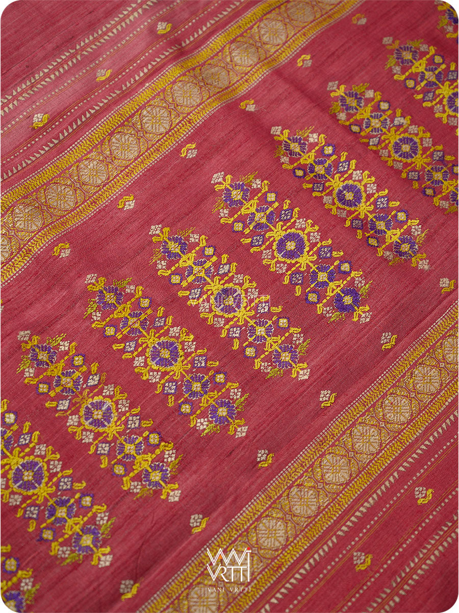 Red Maroon Brahma Kamal Master Weave Exclusive Handspun Tussar Silk Saree