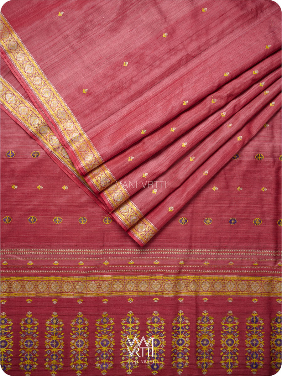 Red Maroon Brahma Kamal Master Weave Exclusive Handspun Tussar Silk Saree