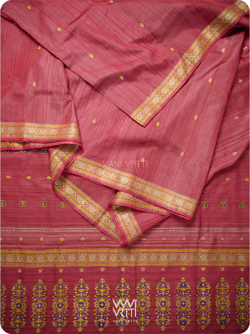 Red Maroon Brahma Kamal Master Weave Exclusive Handspun Tussar Silk Saree
