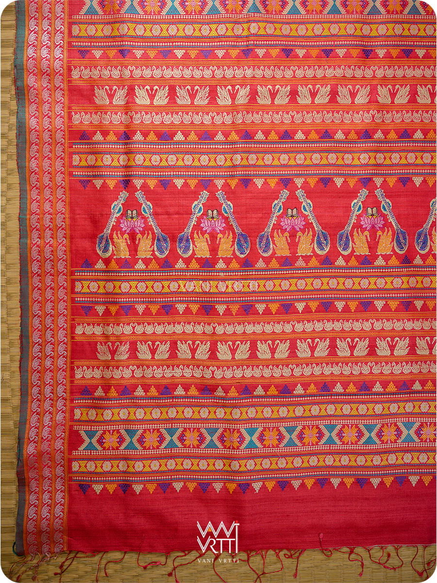 Watermelon Red Veena Pani Lata Master Weave Exclusive Handspun Tussar Silk Saree