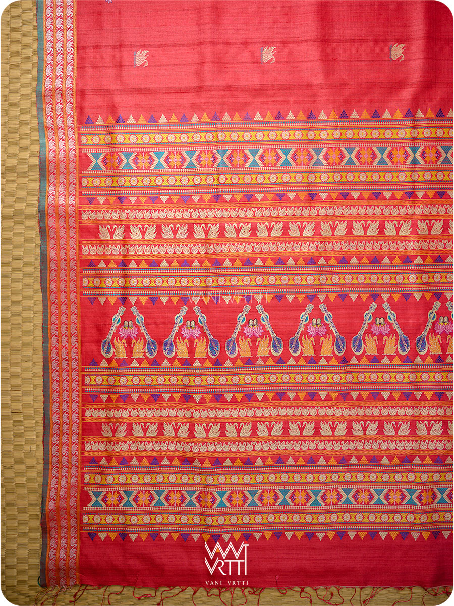 Watermelon Red Veena Pani Lata Master Weave Exclusive Handspun Tussar Silk Saree