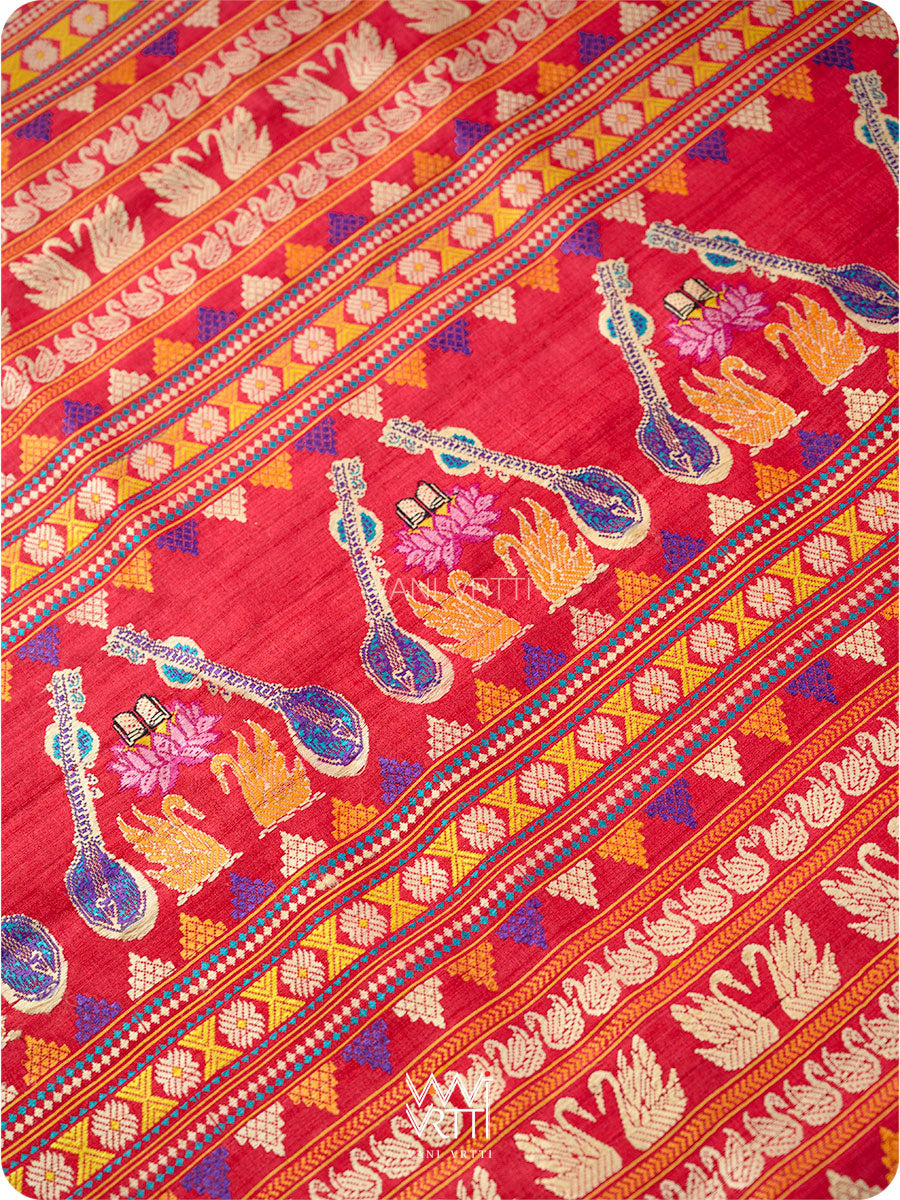 Watermelon Red Veena Pani Lata Master Weave Exclusive Handspun Tussar Silk Saree