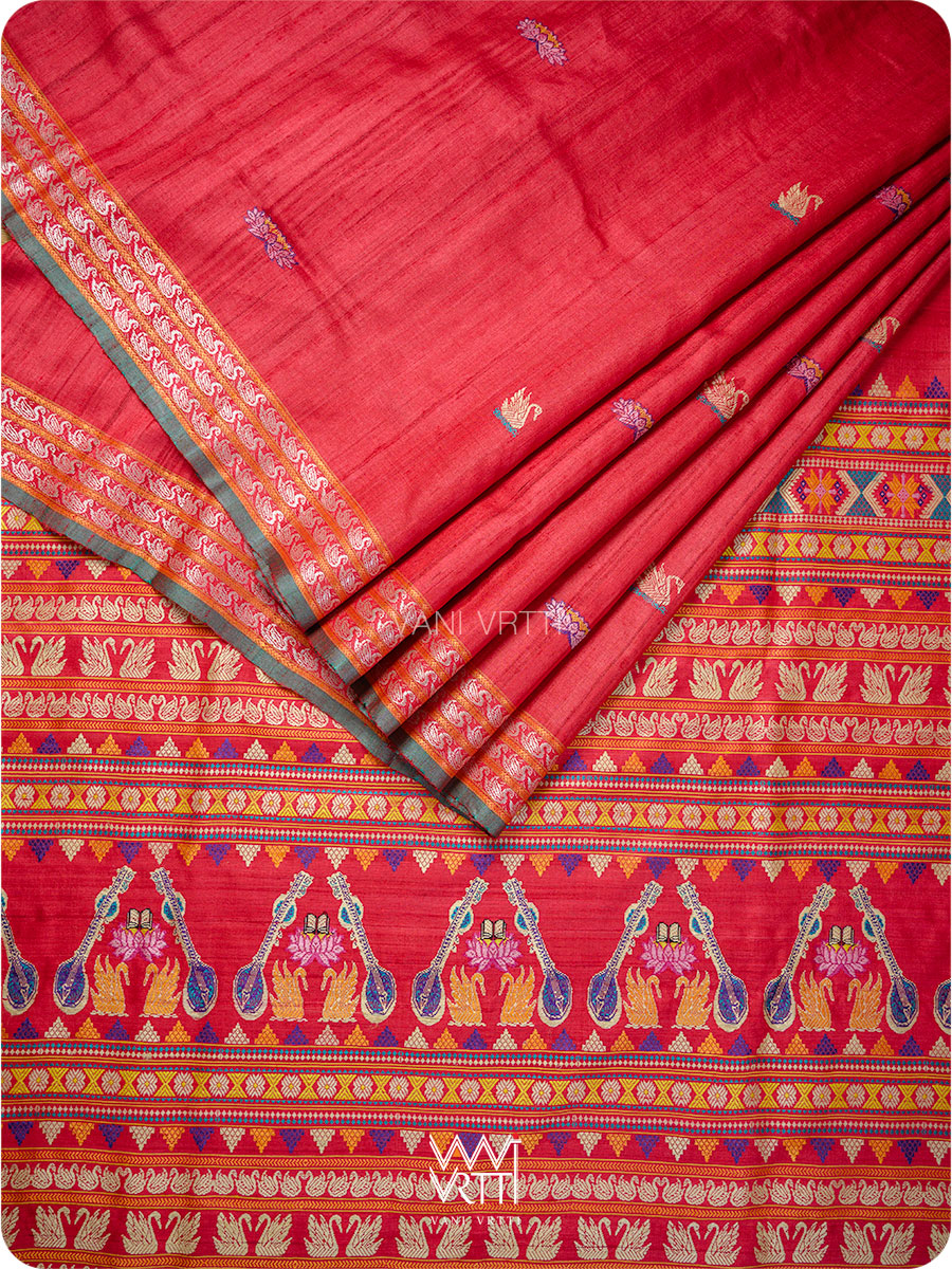 Red Veena Pani Lata Master Weave Exclusive Handspun Tussar Silk Saree