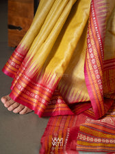 Pastel Yellow Firozi Red Ganga Jamuna Ananta Handspun Tussar Silk Saree