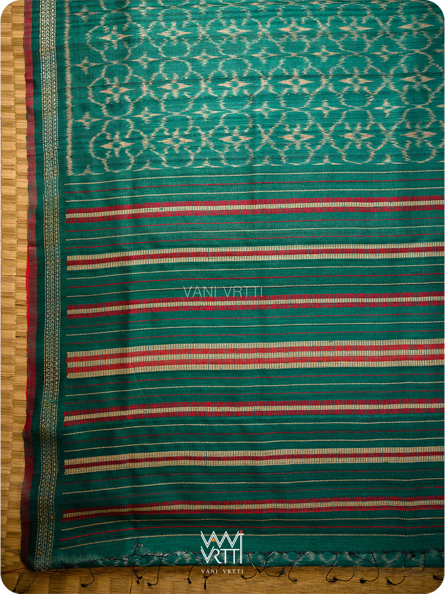 Deep Teal Green Chrysanthemum Master Weave Designer Handspun Ikat Tussar Silk Sari