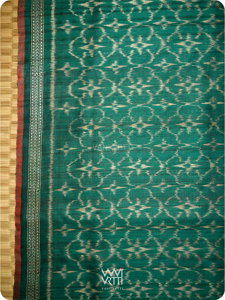 Deep Teal Green Chrysanthemum Master Weave Designer Handspun Ikat Tussar Silk Sari
