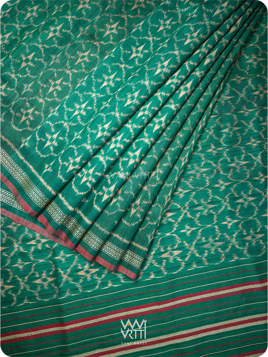 Deep Teal Green Chrysanthemum Master Weave Designer Handspun Ikat Tussar Silk Sari