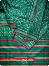 Deep Teal Green Chrysanthemum Master Weave Designer Handspun Ikat Tussar Silk Sari