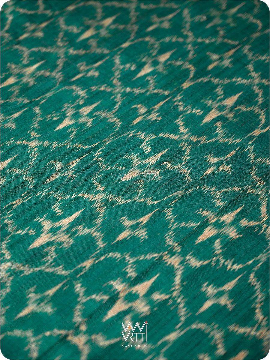 Deep Teal Green Chrysanthemum Master Weave Designer Handspun Ikat Tussar Silk Sari
