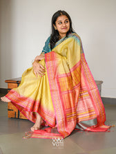 Pastel Yellow Firozi Red Ganga Jamuna Ananta Handspun Tussar Silk Saree