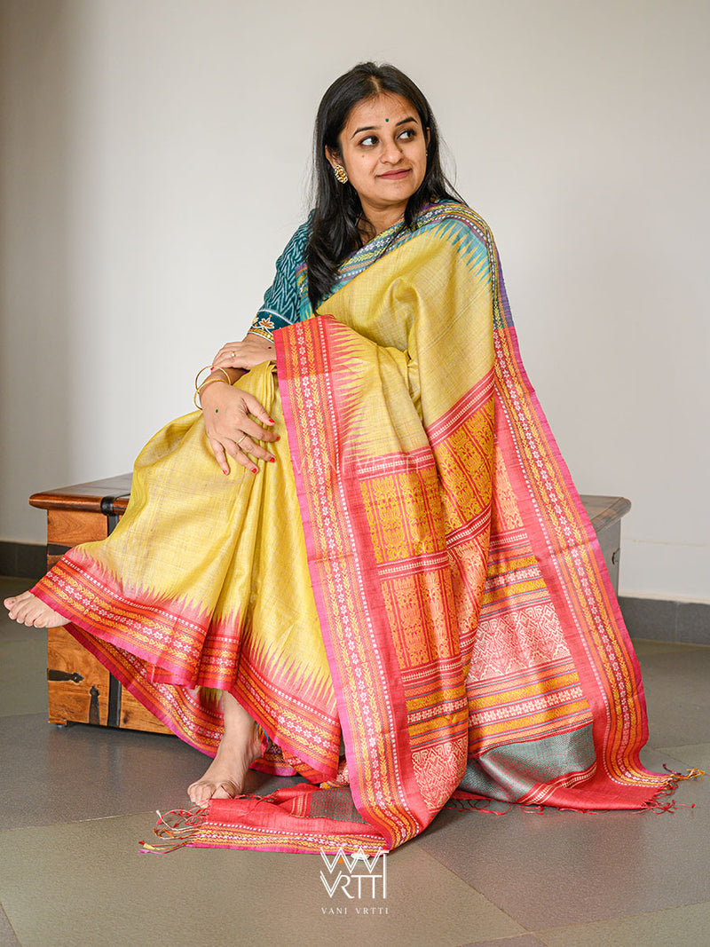 Pastel Yellow Firozi Red Ganga Jamuna Ananta Handspun Tussar Silk Saree