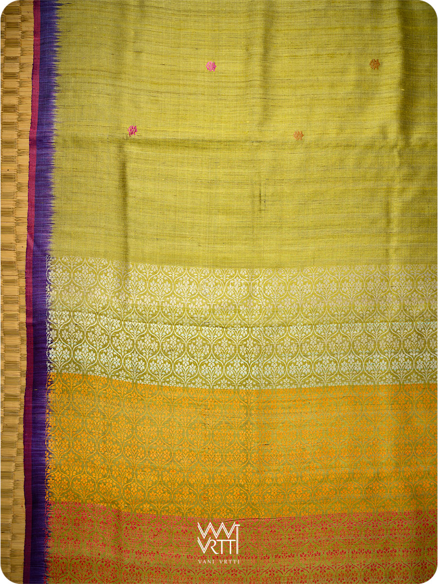 Lime Green Pink Purple Parijat Handspun Tussar Silk Saree