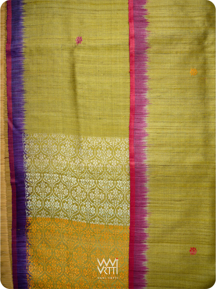Lime Green Pink Purple Parijat Handspun Tussar Silk Saree
