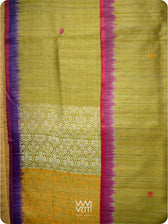 Lime Green Pink Purple Parijat Handspun Tussar Silk Saree