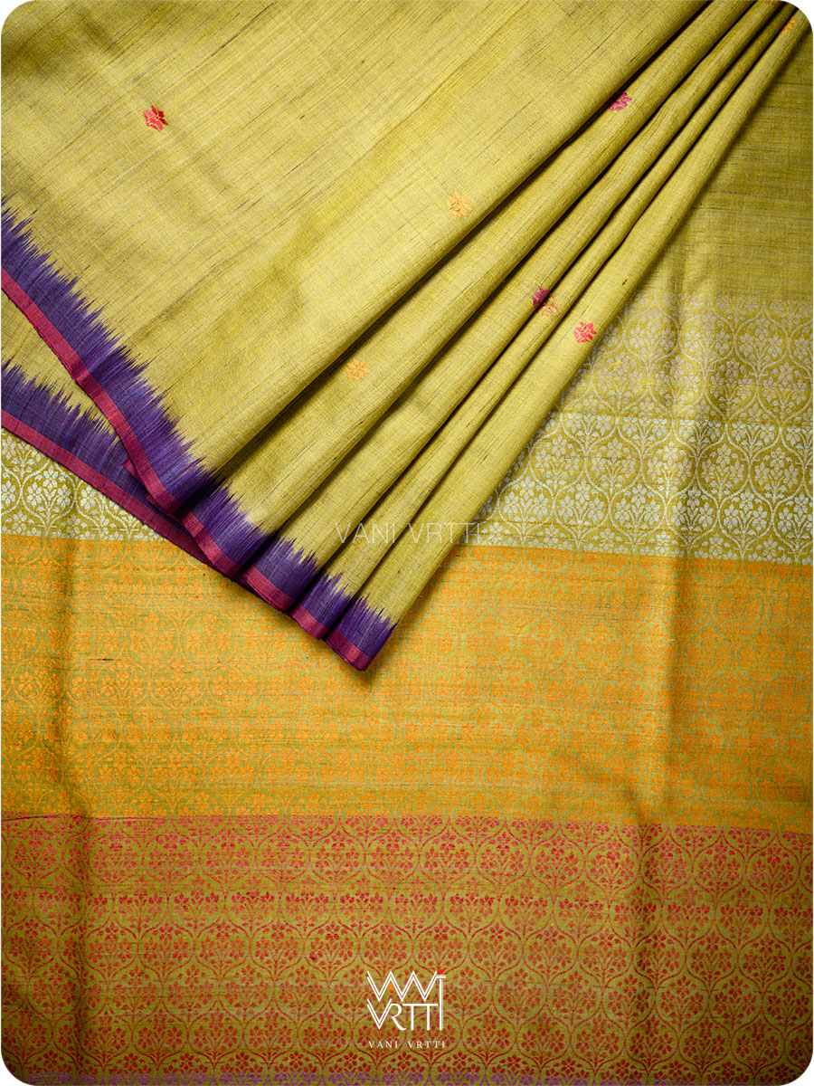 Lime Green Pink Purple Parijat Handspun Tussar Silk Saree