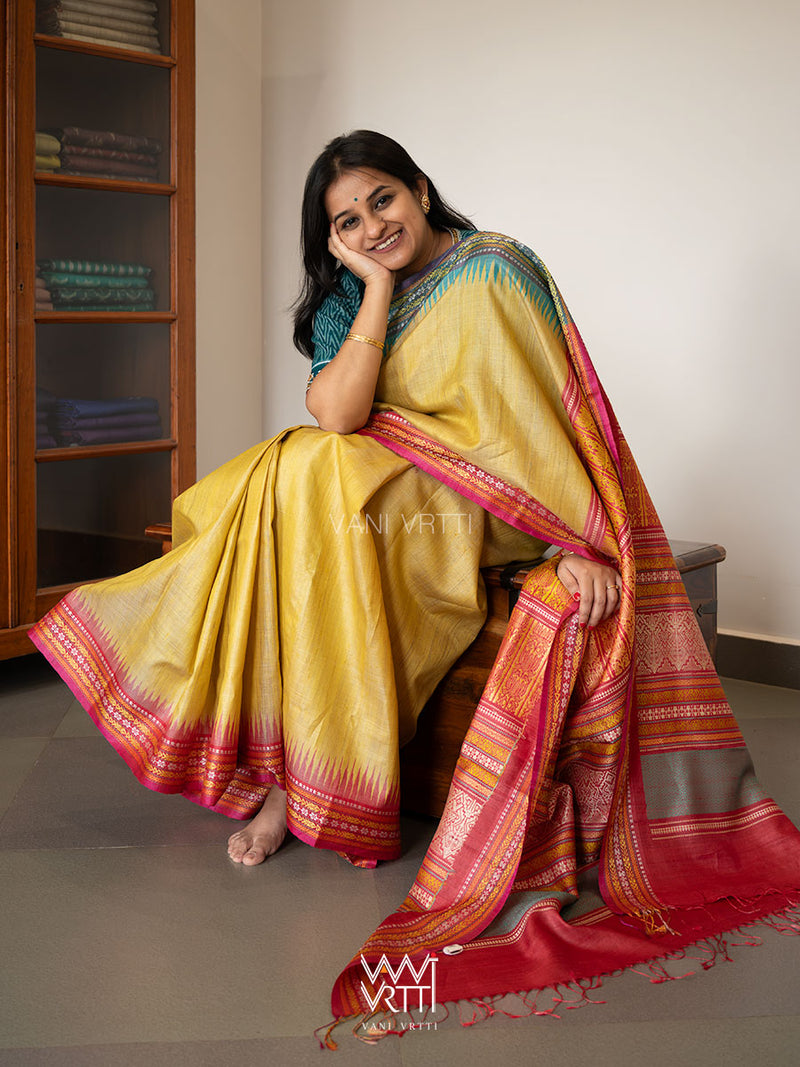 Pastel Yellow Firozi Red Ganga Jamuna Ananta Handspun Tussar Silk Saree