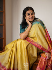 Pastel Yellow Firozi Red Ganga Jamuna Ananta Handspun Tussar Silk Saree