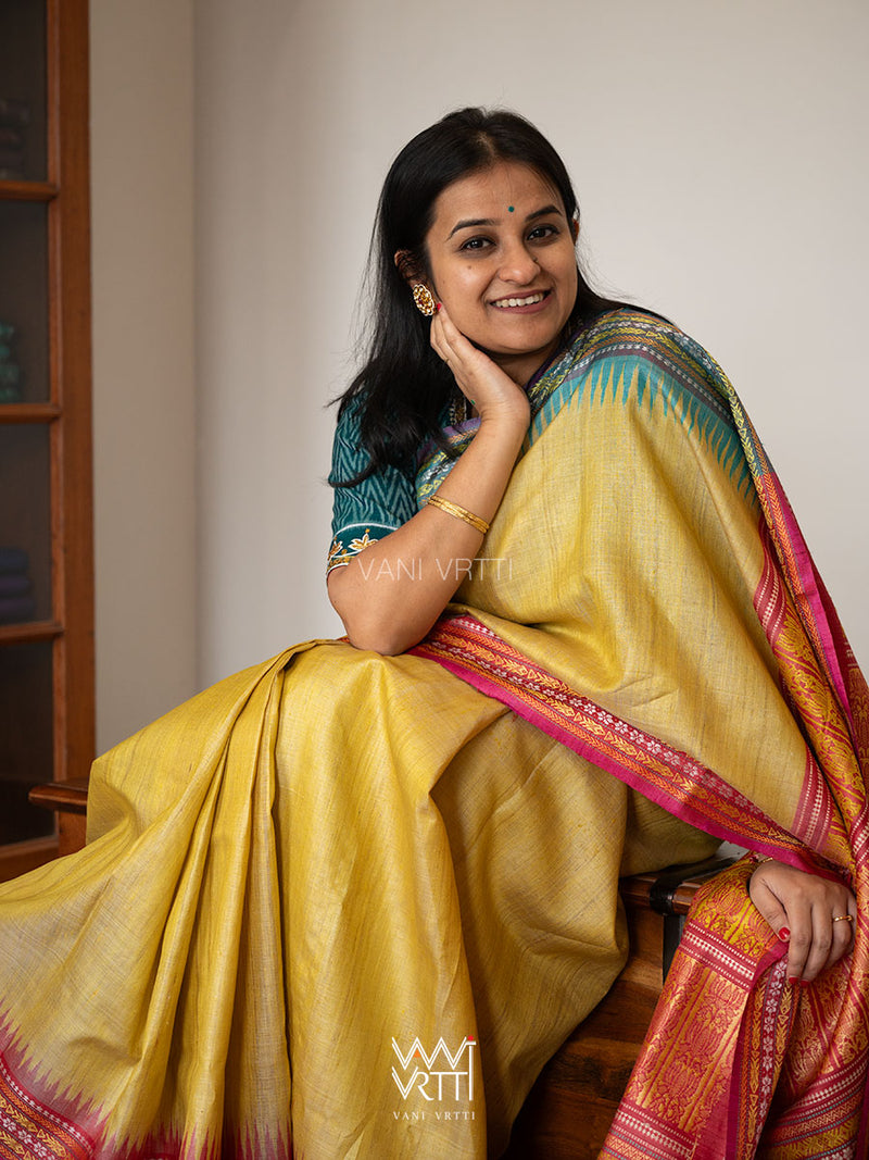 Pastel Yellow Firozi Red Ganga Jamuna Ananta Handspun Tussar Silk Saree