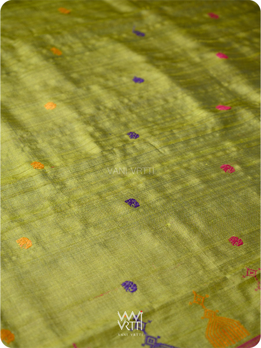 Mehendi Green Magenta  Airavata Konark Double Palla Handspun Tussar Silk Saree