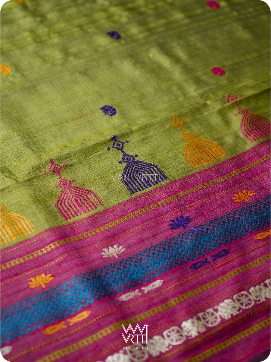 Mehendi Green Magenta  Airavata Konark Double Palla Handspun Tussar Silk Saree