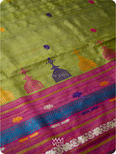 Mehendi Green Magenta  Airavata Konark Double Palla Handspun Tussar Silk Saree