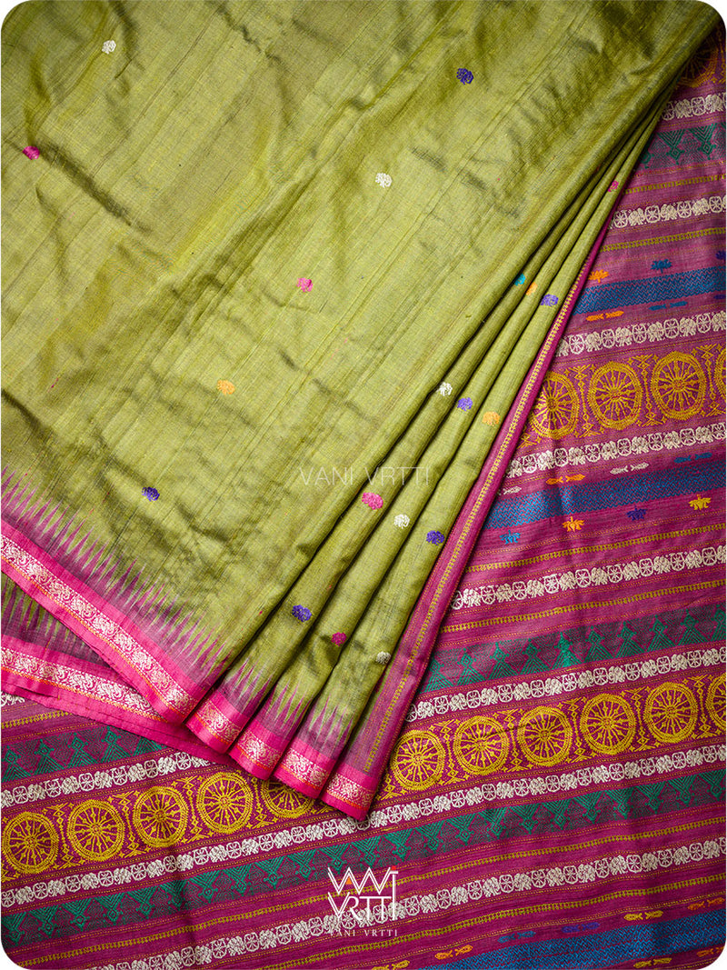 Mehendi Green Magenta  Airavata Konark Double Palla Handspun Tussar Silk Saree