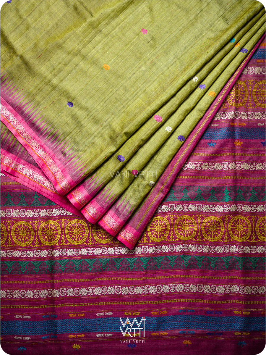 Mehendi Green Magenta  Airavata Konark Double Palla Handspun Tussar Silk Saree