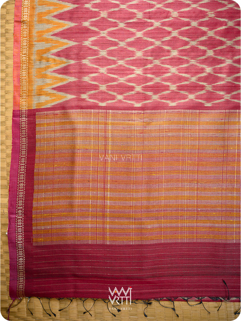 Deep Red Orange Lily Ikat Handspun Tussar Silk Sari