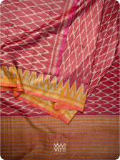 Deep Red Orange Lily Ikat Handspun Tussar Silk Sari