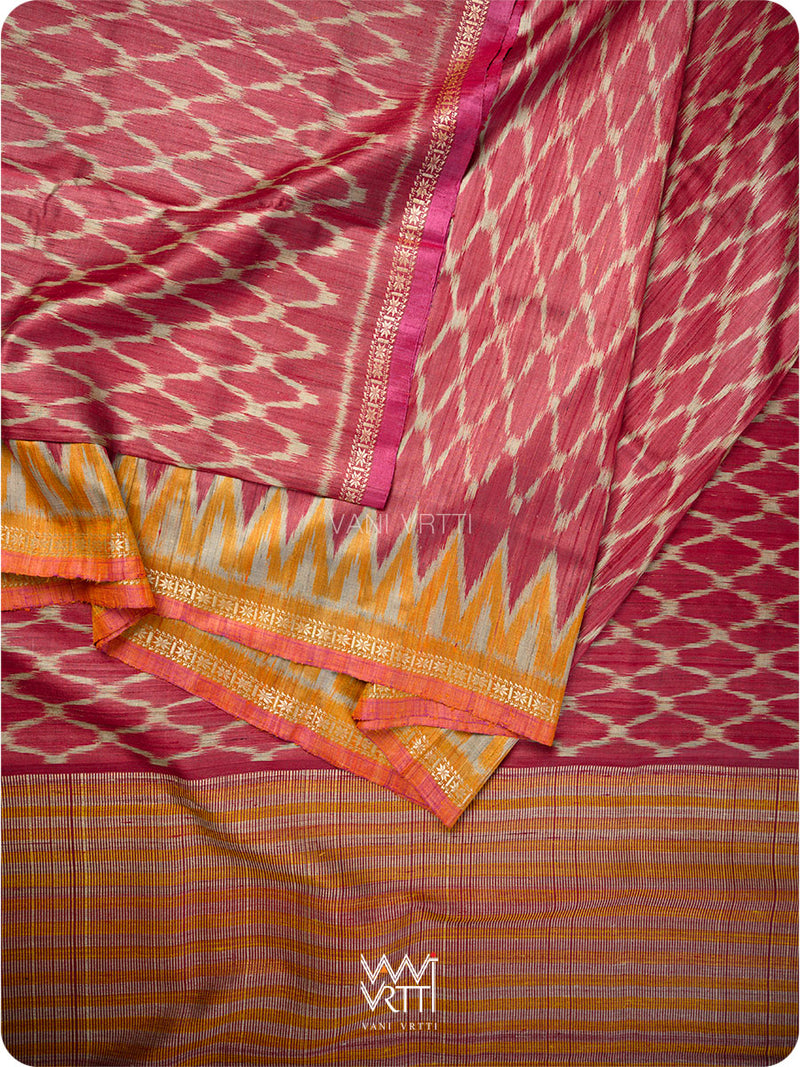 Deep Red Orange Lily Ikat Handspun Tussar Silk Sari