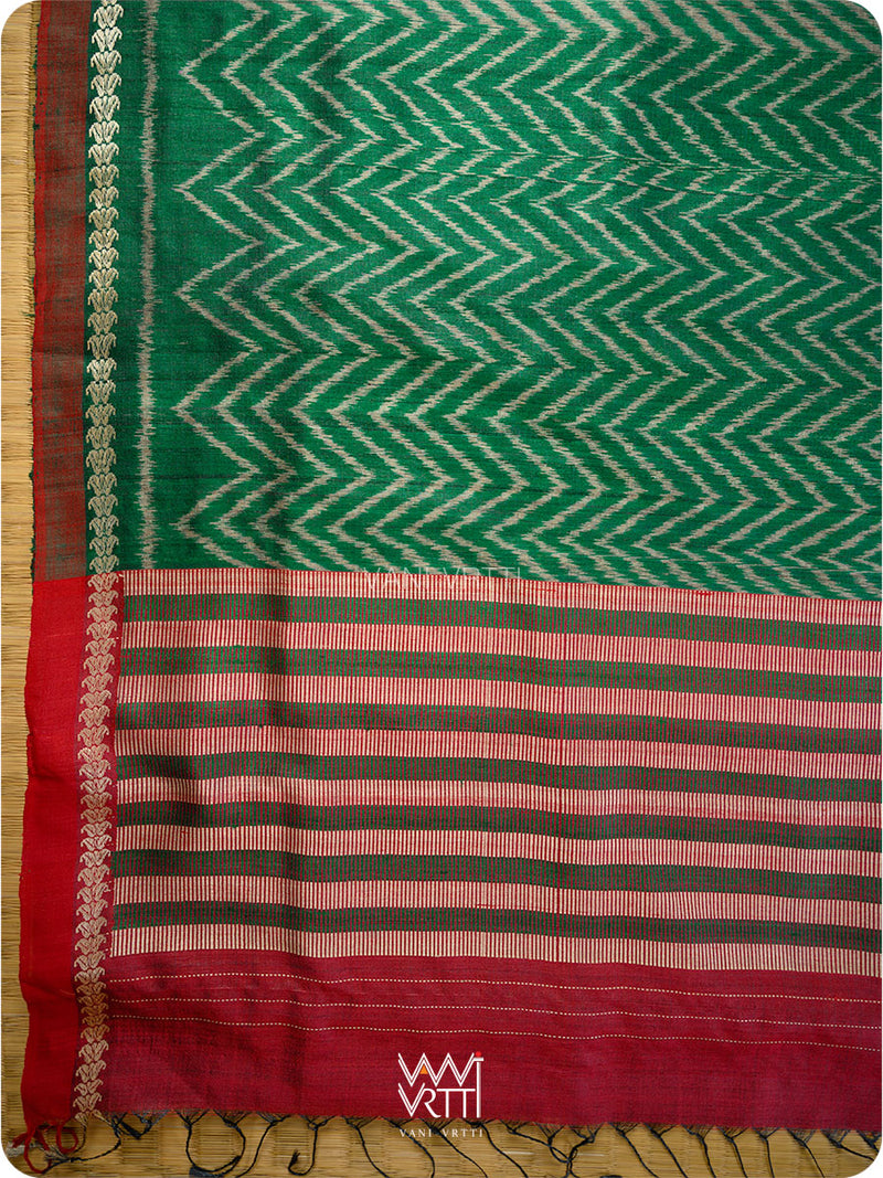 Emereld Green Aziz Ikat Handspun Tussar Silk Saree