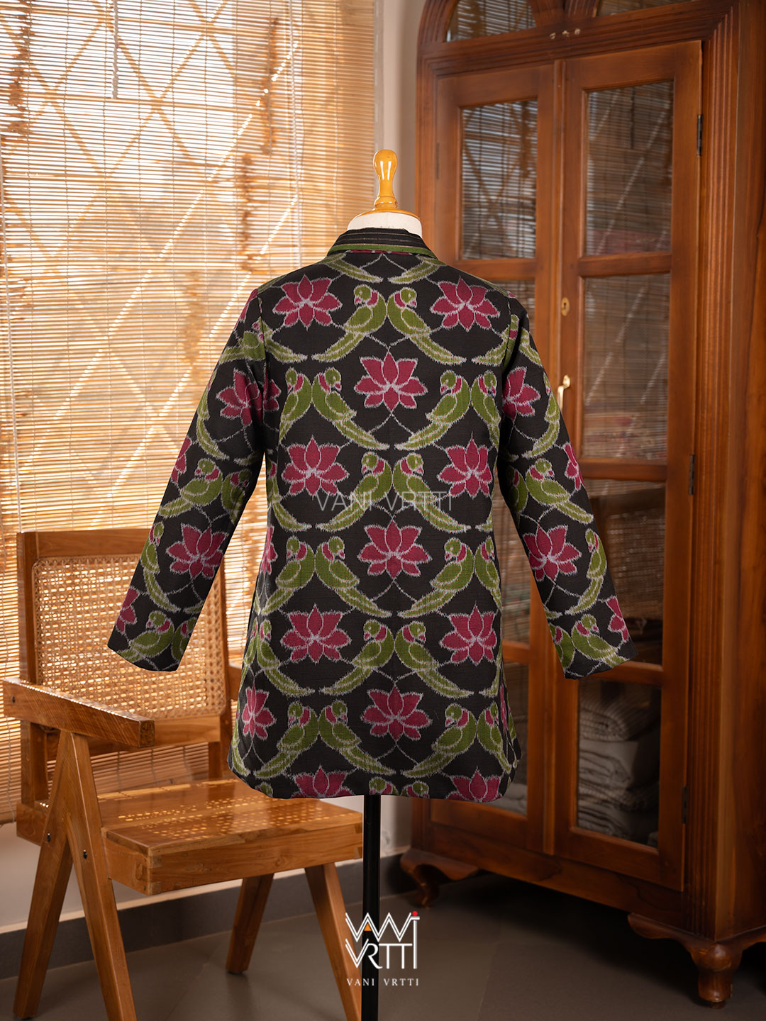 Black Lotus Parrot Reversible Parallel Ikat Kimono Collar Tunic Jacket