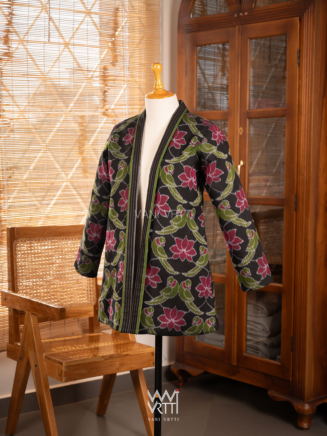 Black Lotus Parrot Reversible Parallel Ikat Kimono Collar Tunic Jacket