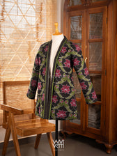 Black Lotus Parrot Reversible Parallel Ikat Kimono Collar Tunic Jacket