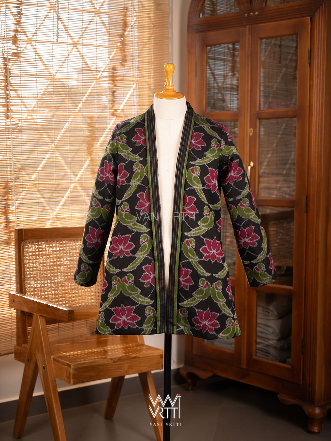 Black Lotus Parrot Reversible Parallel Ikat Kimono Collar Tunic Jacket