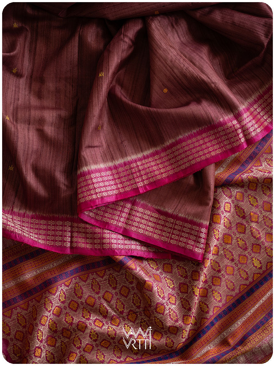 Mahogany Brown Matsya Kachhap Handspun Tussar Silk Saree