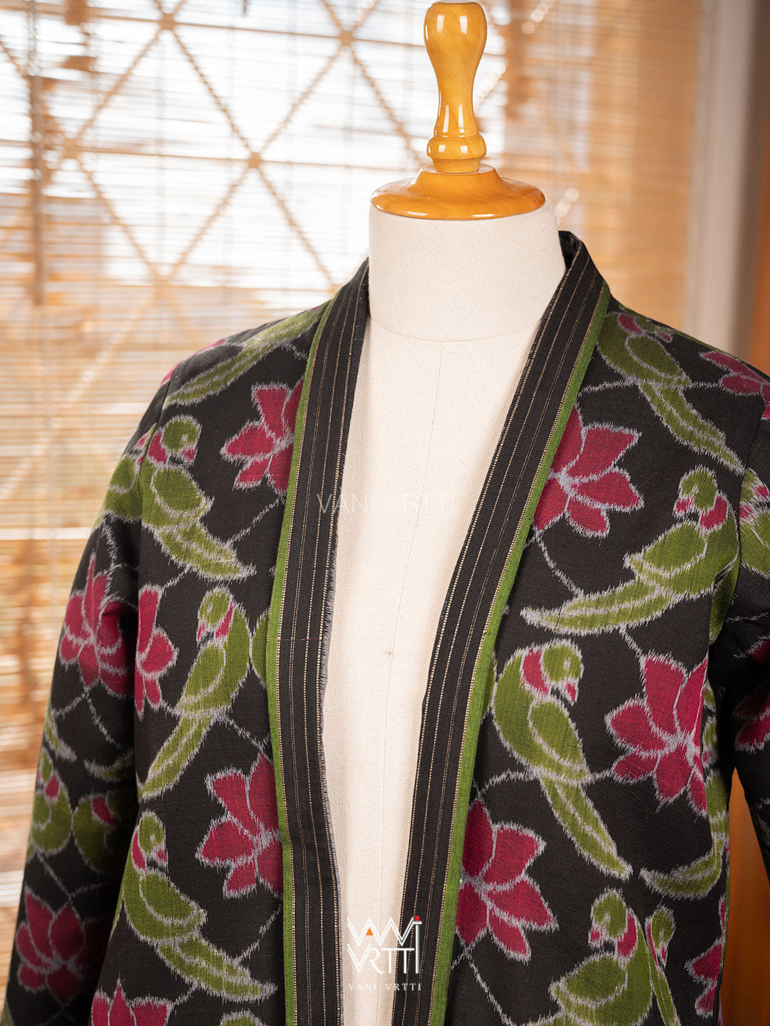 Black Lotus Parrot Reversible Parallel Ikat Kimono Collar Tunic Jacket