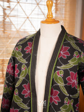 Black Lotus Parrot Reversible Parallel Ikat Kimono Collar Tunic Jacket