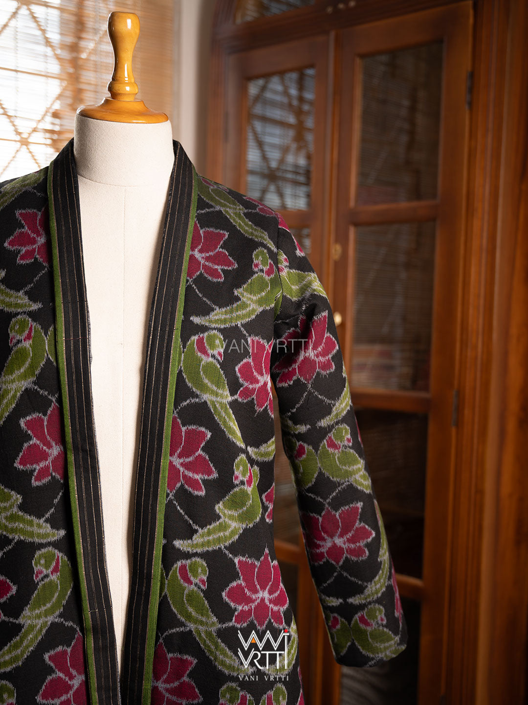 Black Lotus Parrot Reversible Parallel Ikat Kimono Collar Tunic Jacket