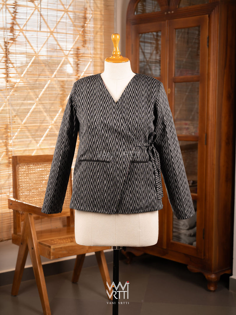 Black Lotus Parrot  Reversible Zig Zag Ikat Overlap Waist Length Jacket