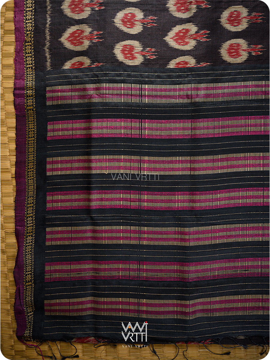 Black Red Pomegranate Ikat Handspun Tussar Silk Saree