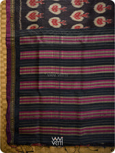 Black Red Pomegranate Ikat Handspun Tussar Silk Saree