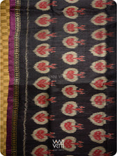 Black Red Pomegranate Ikat Handspun Tussar Silk Saree