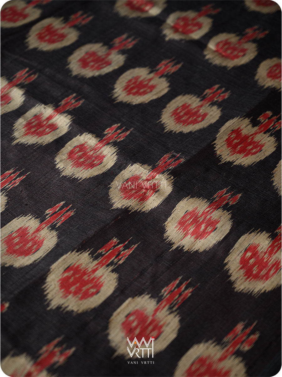 Black Red Pomegranate Ikat Handspun Tussar Silk Saree